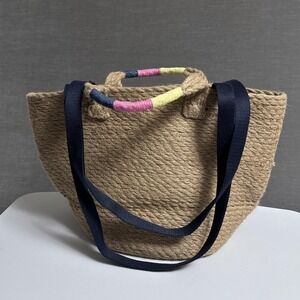 GAP Tote‎ Bag Natural Jute Double Navy Straps Handle Beach Boho Summer Nautical